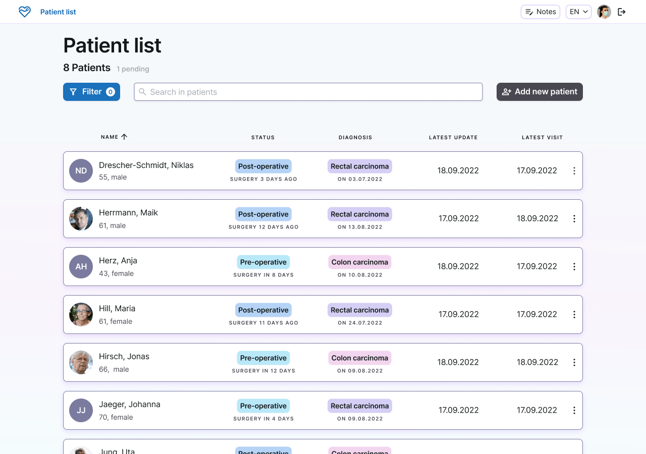 A screen in the web app, showing a list of patient sorted by name