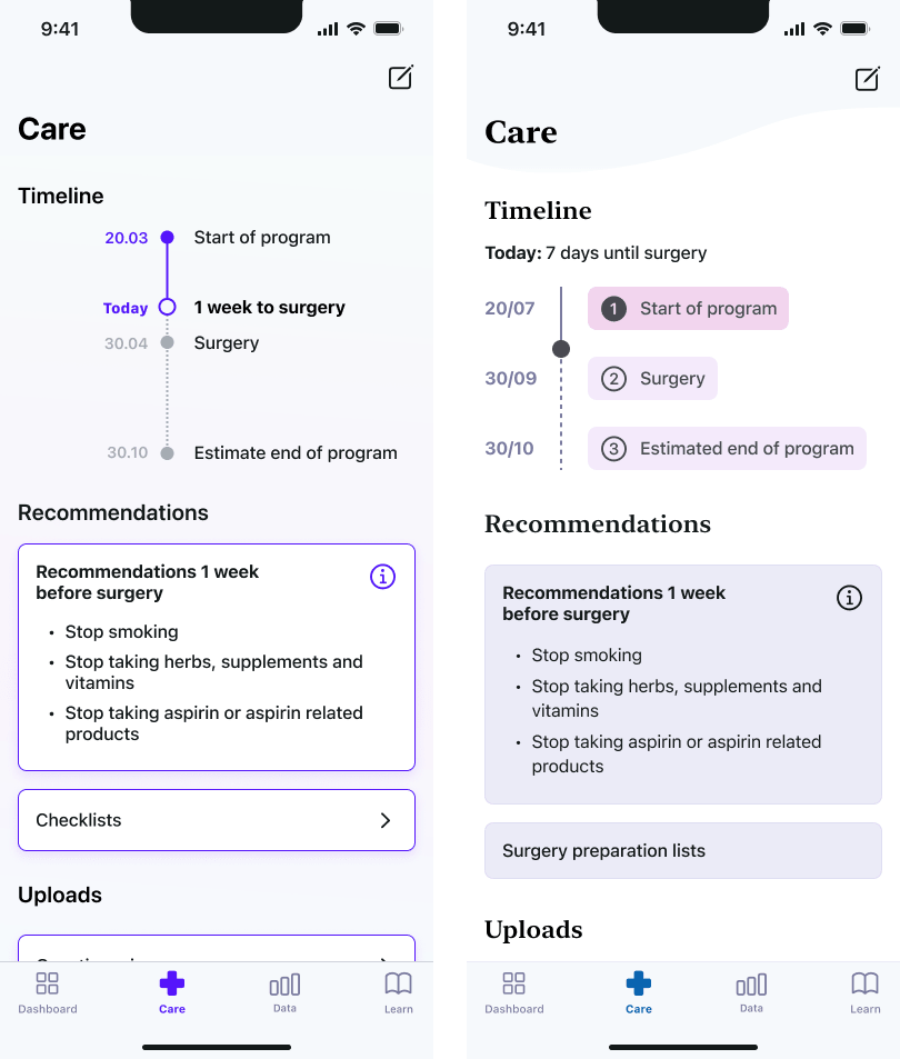 A comparison between the mobile app screens of the care tab with a timeline.