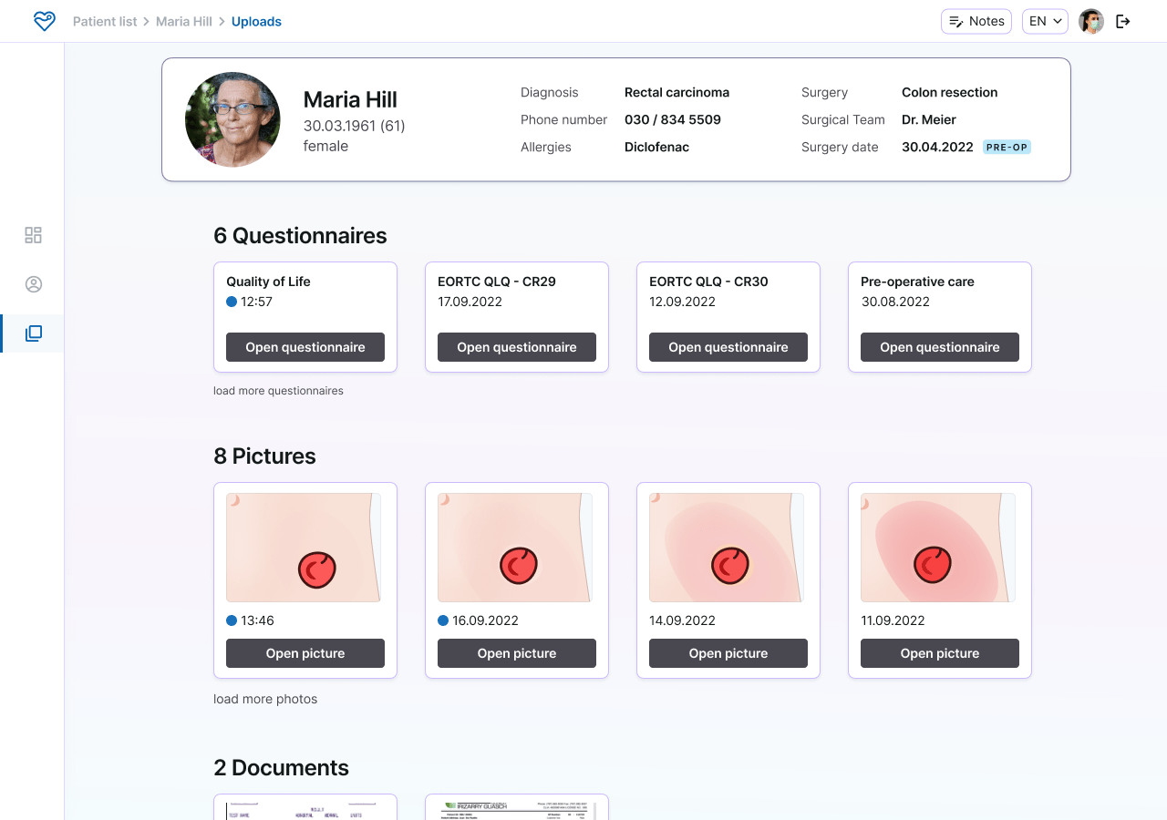 Image of the file screen in the web app, showing questionnaires, wound pictures an.d other documents