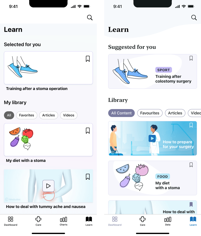 A comparison between the mobile app screens of the article overview in learn.