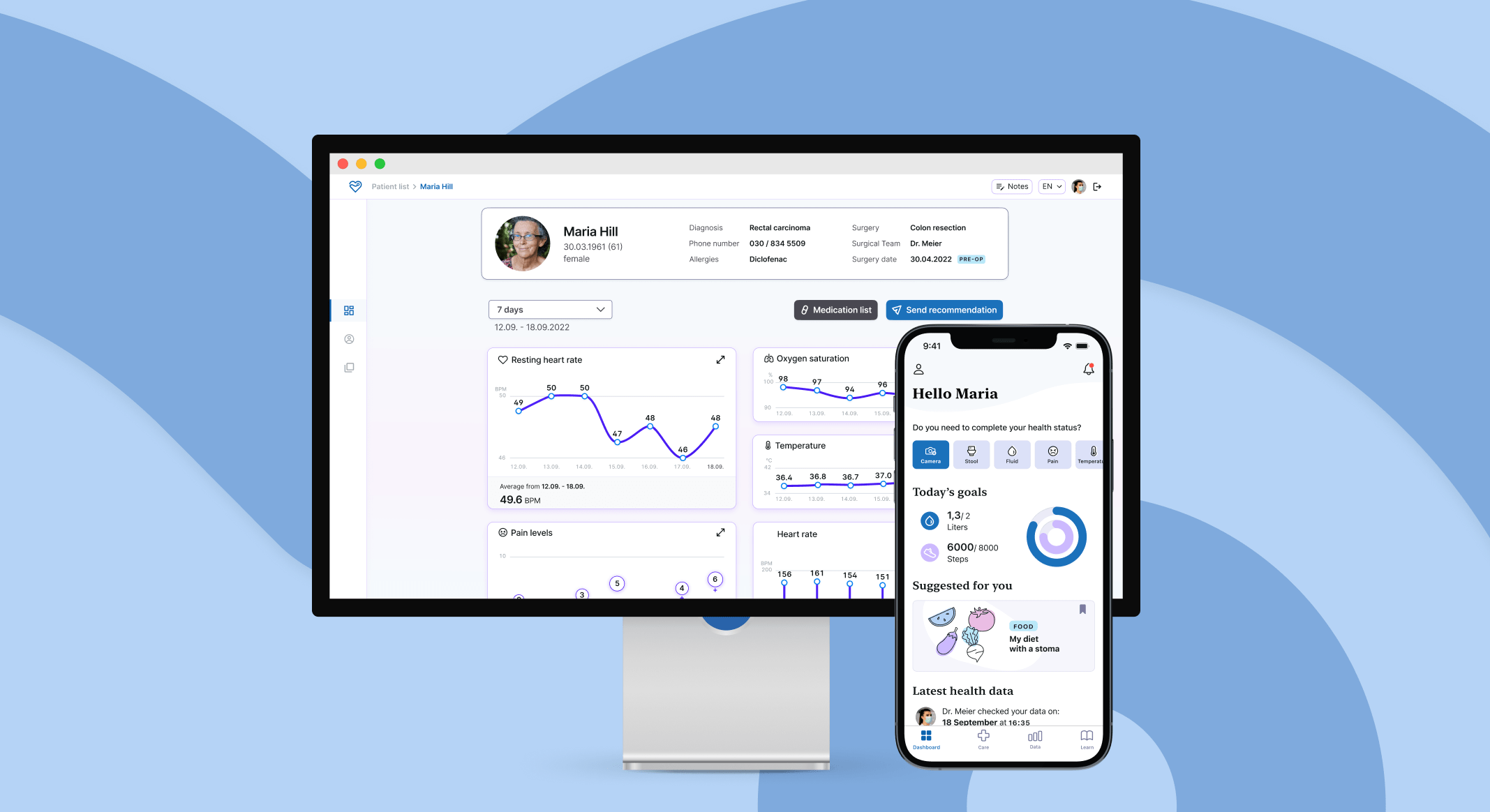 Title image for the project AlongHealth. Showing mockups of the web-app and mobile app, with a light blue background