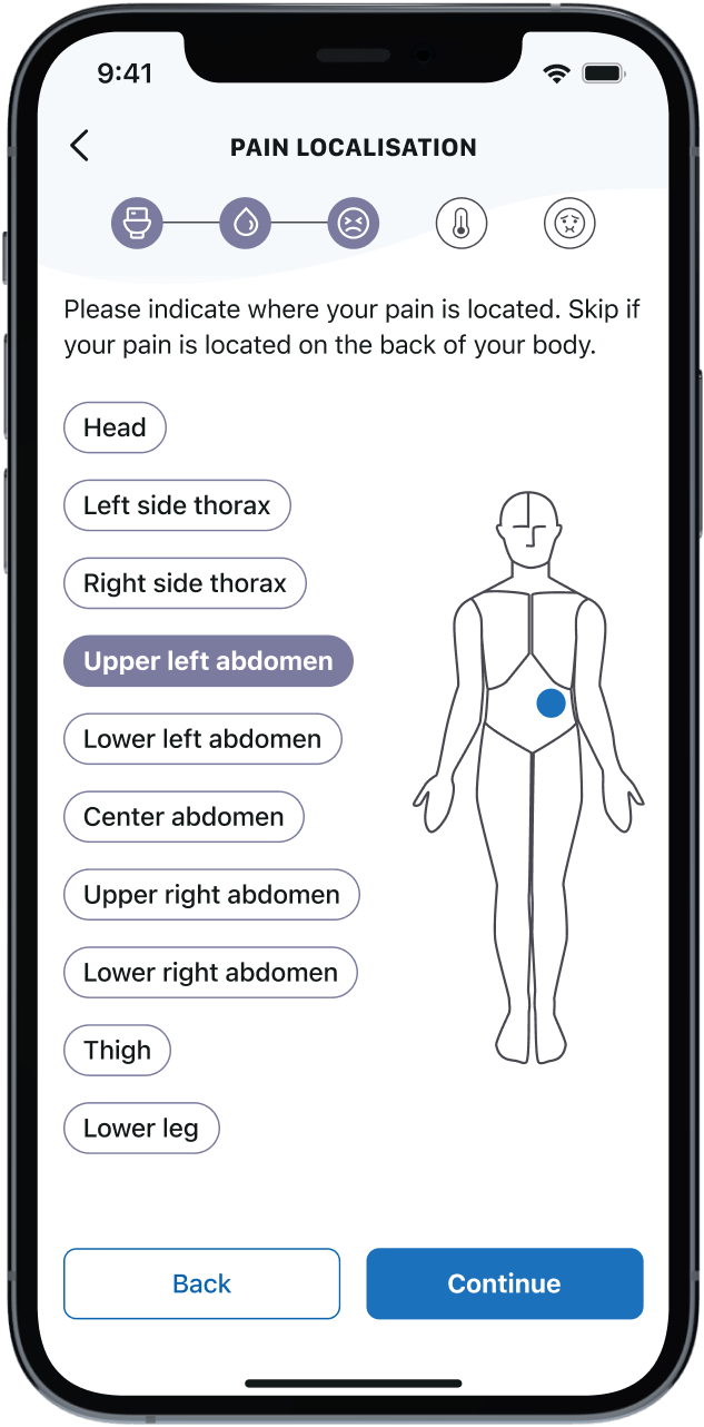 A mockupf the the screen in the questionnaire, where you enter the pain and it shows accordingly on a sketch of a body.