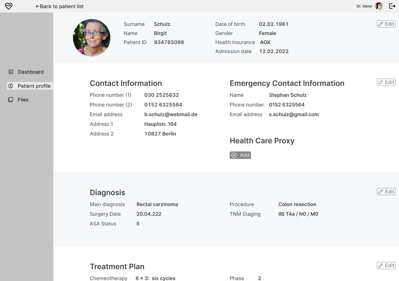 An image of the mid-fidelity prototype version of the patient profile, showing personal data about the patient.